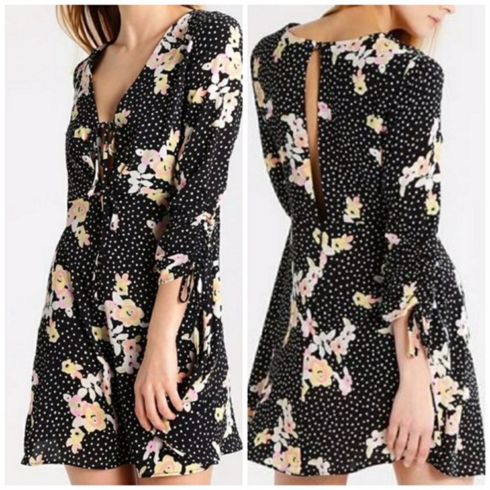 Topshop Mini Dress Floral Dots Neck Tie 2 XS